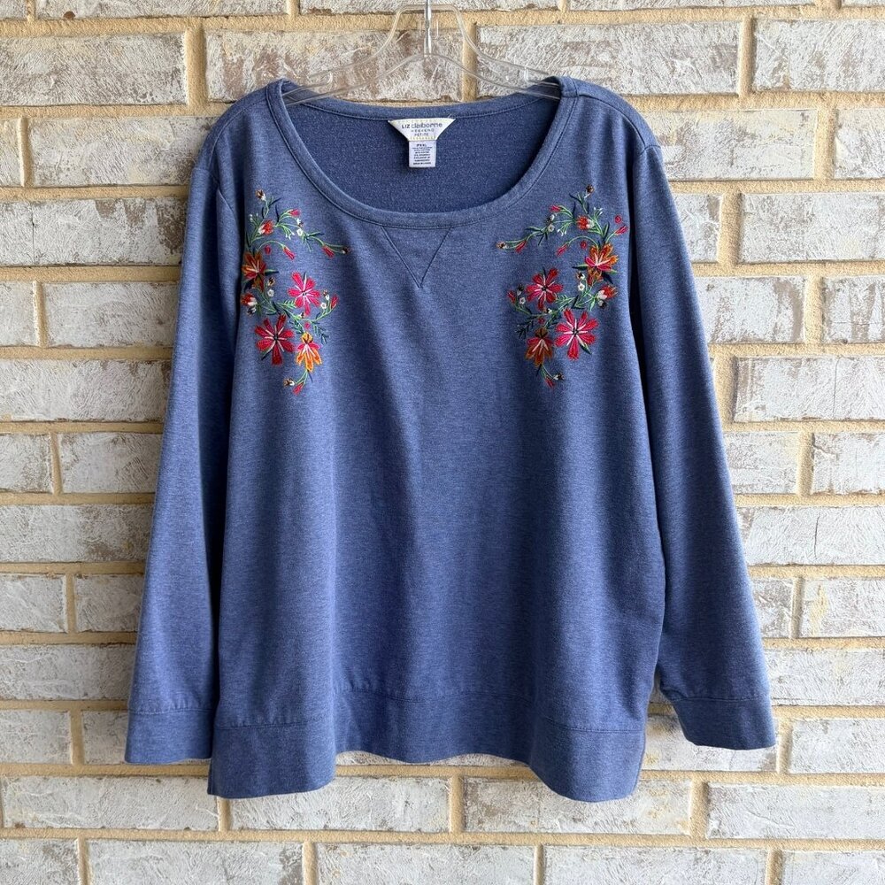 Liz Claiborne Weekend Embroidered Floral Long Sleeve Sweatshirt  Size XXL petite